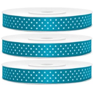 3x Hobby/decoratie turquoiseblauwe satijnen sierlinten met witte stippen 1,2 cm/12 mm x 25 meter - Cadeaulinten satijnlinten/ribbons - Turquoiseblauwe linten met witte stippen - Hobbymateriaal benodigdheden - Verpakkingsmaterialen