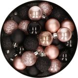 28x stuks kunststof kerstballen lichtroze en zwart mix 3 cm - Kerstboomversiering