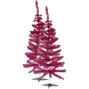 2x stuks kleine fuchsia roze kerstbomen van 120 cm van kunststof met voet - Mini boompjes voor kinderkamer/kantoor
