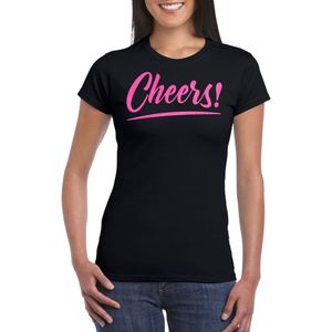 Bellatio Decorations Verkleed T-shirt voor dames - cheers - zwart - roze glitter - carnaval