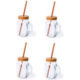 8x stuks Glazen Mason Jar drinkbekers oranje dop en rietje 500 ml - afsluitbaar/niet lekken/fruit shakes