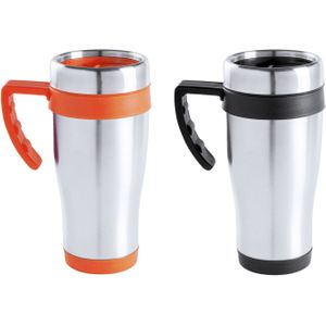 Warmhoudbekers/thermos isoleer koffiebekers/mokken - 2x stuks - RVS - zwart en oranje - 450 ml