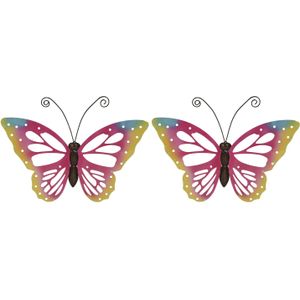 Set van 3x stuks grote roze vlinders/muurvlinders 51 x 38 cm cm tuindecoratie - Tuindecoratie vlinders - Tuinvlinders/muurvlinders