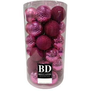 37x stuks kunststof kerstballen fuchsia roze 6 cm inclusief kerstbalhaakjes - Kerstversiering - onbreekbare kerstballen