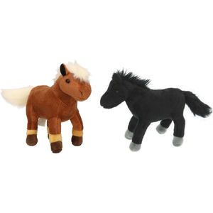 Set van 2x Stuks Pluche Dieren Paarden Knuffels 25 cm - Bruin en Zwart Speelfiguur