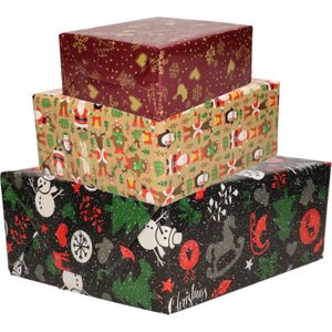 Pakket van 6x Rollen Kerst inpakpapier/cadeaupapier bruin rood en zwart met print 2,5 x 0,7 meter - Kerst cadeautjes inpakken