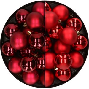 32x stuks kunststof kerstballen mix van donkerrood en rood 4 cm - Kerstversiering