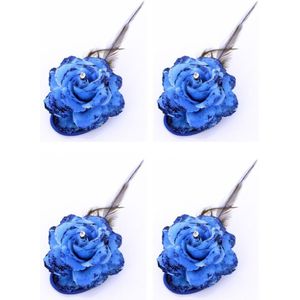 4x stuks blauwe bloem op speld - Verkleed of decoratie bloemen