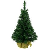 Groene kunst kerstboom/kerstboompje 90 cm met jute zak/kluit - Kerstversieringen/kerstdecoraties