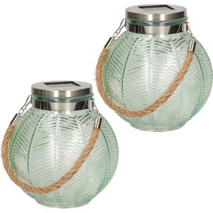 2x stuks groene solar lantaarn van gestreept glas rond 16 cm - Tuinlantaarns - Solarverlichting - Tuinverlichting