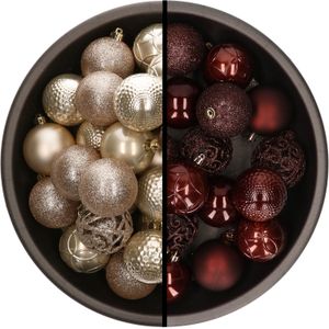 Kerstballen - 74x stuks - champagne en mahonie bruin - 6 cm - kunststof