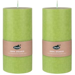 2x stuks bladgroene cilinderkaarsen/stompkaarsen 15 x 7 cm 50 branduren - Groene geurloze kaarsen