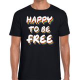 Happy to be free - gaypride t-shirt zwart 3D regenboog tekst voor heren - Gay pride kleding
