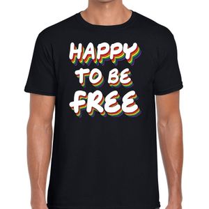 Happy to be free - gaypride t-shirt zwart 3D regenboog tekst voor heren - Gay pride kleding