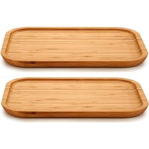 2x stuks voedsel/hapjes platte serveerplank van bamboe 25 x 18 cm met opstaande rand