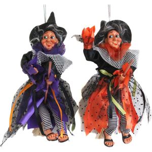 Halloween decoratie heksen pop op bezem - 2x - 25 cm - paars/oranje
