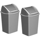 2x Grijze vuilnisbakken/prullenbakken 15 liter 25 x 29 x 45 cm - Kunststof/plastic vuilnisemmers- Afval scheiden - GFT afvalbakken