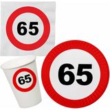 Verjaardag feestartikelen tafel dekken set 65 jaar verkeersbord/stopbord thema - 8x bordjes - 8x bekertjes - 16x servetten