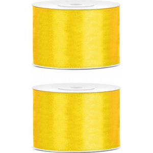 2x Hobby/decoratie geel satijnen sierlinten 5 cm/50 mm x 25 meter - Cadeaulint satijnlint/ribbon - Gele linten - Hobbymateriaal benodigdheden - Verpakkingsmaterialen