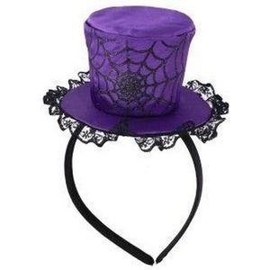 Paarse verkleed mini hoed op diadeem met spinnenweb voor dames - Halloween/carnaval verkleedaccessoires hoeden - Mini hoge hoedjes