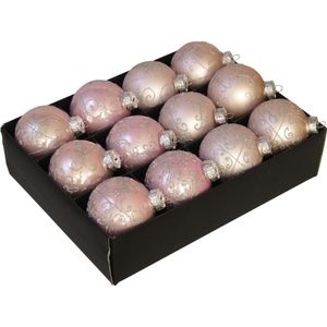 12x Glazen gedecoreerde poederroze kerstballen 7,5 cm - Luxe glazen kerstballen - kerstversiering