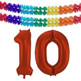 Folat folie ballonnen - Leeftijd cijfer 10 - rood - 86 cm - en 2x slingers