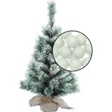 Kleine kunst kerstboom - besneeuwd - incl. lichtsnoer met balletjes lichtgroen- H60 cm