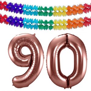 Folat folie ballonnen - Leeftijd cijfer 90 - brons - 86 cm - en 2x slingers