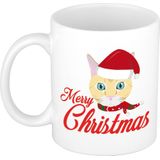 Cadeau kerstmok Merry Christmas met kat - 300 ml - keramiek - koffiemok / theebeker - Kerstmis - Kerstcadeau kattenliefhebbers