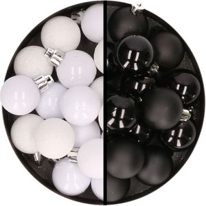 Kerstballen 36x stuks - 3 en 4 cm - wit en zwart - kunststof