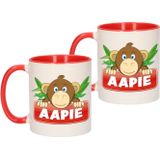 2x stuks aapie beker / mok - rood met wit - 300 ml keramiek - apen bekers