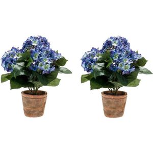 2x Kunstplant Hortensia blauw in terracotta pot 37 cm - Kamerplant blauwe Hortensia