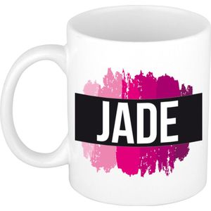 Jade  naam cadeau mok / beker met roze verfstrepen - Cadeau collega/ moederdag/ verjaardag of als persoonlijke mok werknemers