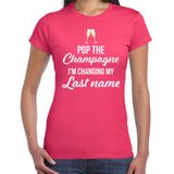 Pop champagne changing last name t-shirt - roze - dames - vrijgezellenfeest outfit / shirt / kleding