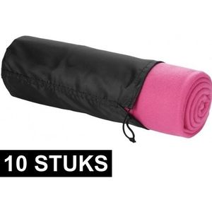 10x Fleece deken roze 150 x 120 cm - reisdeken met tasje