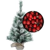 Besneeuwde mini kerstboom/kunst kerstboom 35 cm met kerstballen rood - Kerstversiering