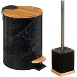 Badkamer/toilet accessoires set - WC-borstel in houder en prullenbak - zwart - bamboe - 3 liter