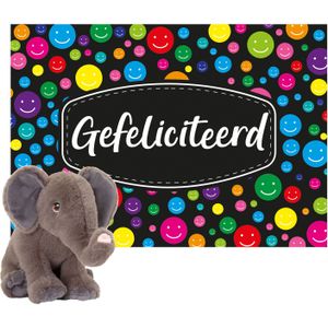 Keel toys - Cadeaukaart A5 Gefeliciteerd met superzacht knuffeldier olifant 18 cm