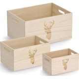 Zeller Opberg box/kist - naturel - hout - gestempeld hertenmotief - 25 x 15 x 14 cm - speelgoed opbergen