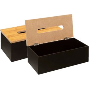 5Five Tissuedoos/zakdoekjes box - 2x - zwart - MDF hout - bamboe deksel - 25 x 13 x 9 cm