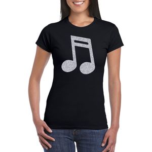 Zilveren muziek noot  / muziek feest t-shirt / kleding - zwart - voor dames - muziek shirts / muziek liefhebber / outfit