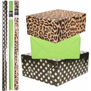9x Rollen kraft inpakpapier/folie pakket - panterprint/groen/zwart met gouden stippen 200 x 70 cm - dierenprint papier