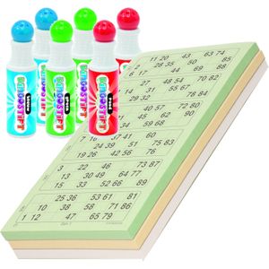 100x Bingokaarten Nummers 1-90 Inclusief 6x Bingo Stiften Blauw/Groen/Rood