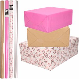 8x Rollen transparant folie/inpakpapier pakket - roze/bruin/wit met hartjes 200 x 70 cm - cadeau/kaften/verzendpapier/cellofaan