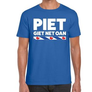 Blauw t-shirt met Friese uitspraak Piet Giet Net Oan heren - Friese weerman tekst shirt