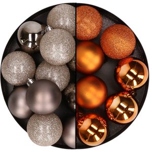 24x stuks kunststof kerstballen mix van champagne en koper 6 cm - Kerstversiering