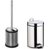 5Five - WC/Toiletborstel houder zilver rvs 39cm en pedaalemmer 5 liter