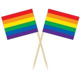 150x Cocktailprikkers regenboog vlag 8 cm vlaggetje decoratie - Wegwerp prikkertjes - Gay Pride thema