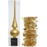 Kerstversiering glazen piek mat 26 cm en sterren folieslingers pakket goud van 3x stuks - Kerstboomversiering