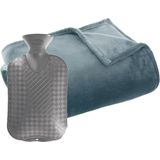 Fleece deken/plaid Grijsblauw 130 x 180 cm en een warmwater kruik 2 liter